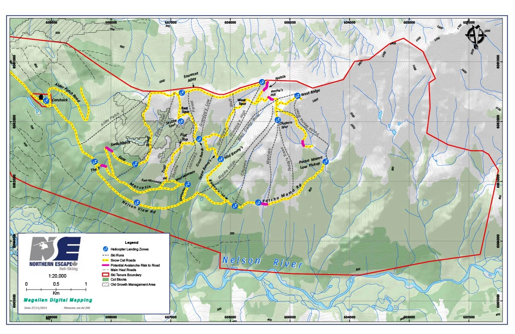Northern Escape Heli Skiing has 23.35 KM Square (2,335 Hectares) or 5,769 Acres of Backup Cat Ski Area!